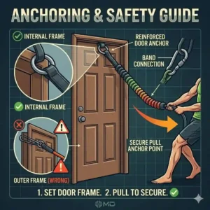 A safety diagram demonstrating how to securely install a door anchor for heavy workout bands.