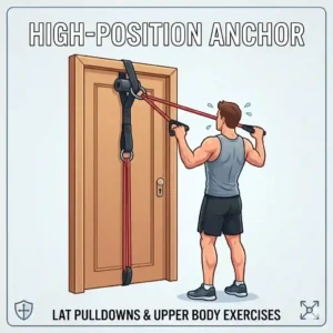 Line drawing of an athlete using an exercise band door anchor fixed at the top of the door for resistance band lat pulldowns.