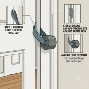 A step-by-step safety guide demonstrating how to properly secure an exercise tubing door anchor inside a closed door frame.