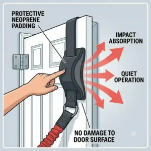 Illustration demonstrating how the neoprene padding on the door attachment for resistance bands prevents scratching and damage to the door frame.