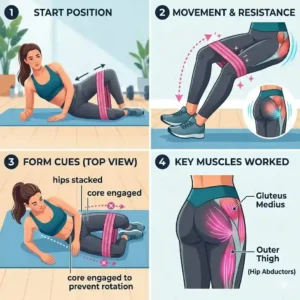 A step-by-step illustration of the clamshell exercise using a textured fabric hip workout band to strengthen outer thighs.