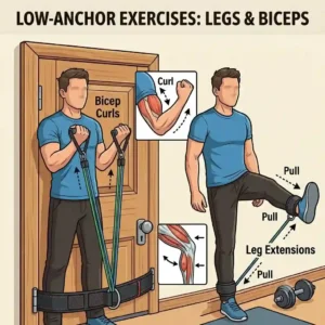 A person doing bicep curls and leg extensions with resistance tubes secured by a door attachment for exercise bands placed at the bottom of the door.