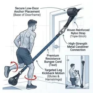 Line art illustration of a low-set exercise band anchor used for bicep curls and leg kickbacks.