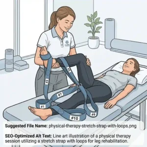 Line art illustration of a physical therapy session utilizing a stretch strap with loops for leg rehabilitation.