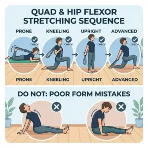 Step-by-step diagram of a lying quad and hip flexor stretch utilizing a looped stretching exercise strap.