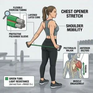 An illustration of an athlete using flexible exercise tubing behind their back to perform a deep chest and shoulder mobility stretch.