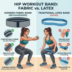 A comparison chart showing the differences between a rolling latex loop and a heavy-duty fabric hip workout band.