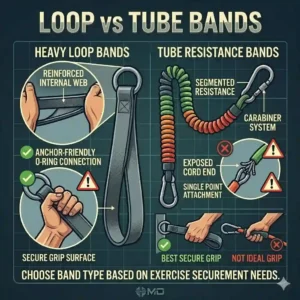 A side-by-side comparison illustration detailing the structural differences between heavy workout bands and tube resistance bands with handles.