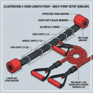 An illustration of a full-length door strap door attachment for resistance bands featuring multiple D-ring anchor loops from top to bottom.