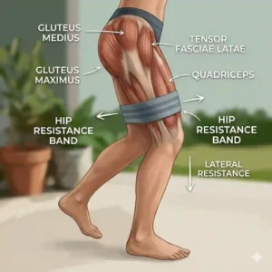 A fitness trainer performing lateral band walks using a gray fabric hip resistance band around the lower thighs.