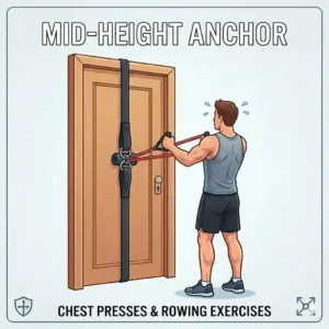 Illustration of a person performing resistance band chest presses with the exercise band door anchor secured at hinge height.