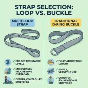 Product comparison diagram showing a multi-loop stretching exercise strap next to a traditional D-ring yoga strap.