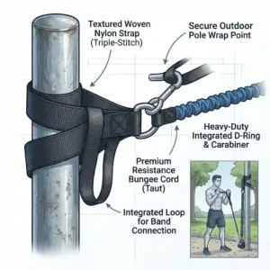 Illustration of a portable exercise band anchor strap wrapped securely around an outdoor pole for a park workout.