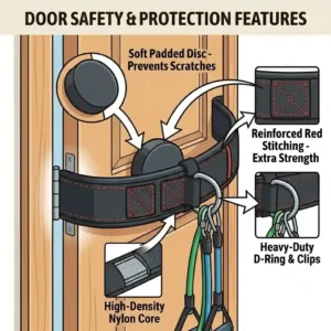 Close-up graphic of a padded door attachment for exercise bands designed with a soft disc to prevent scratching and door damage