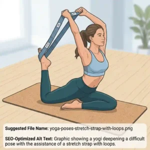 Graphic showing a yogi deepening a difficult pose with the assistance of a stretch strap with loops.