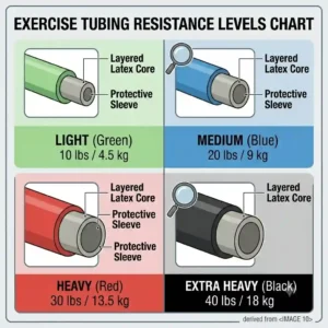 A color-coded chart comparing exercise tubing thickness and color to its equivalent weight resistance in pounds and kilograms.