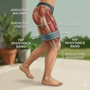 A person stretching and warming up their hips and glutes using an elastic hip resistance band before a lower body workout.