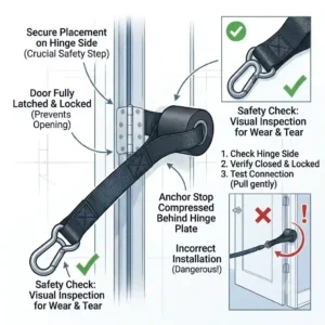 Diagram illustrating how to safely install an exercise band anchor on the hinge side of a closed door