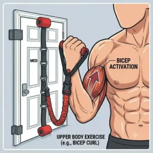 Vector illustration of a fitness enthusiast utilizing a door attachment for resistance bands to perform face pulls and lat pulldowns.