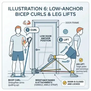 Illustration showing a low-anchored exercise band door anchor at the bottom of the door frame for bicep curls and lower body exercises.