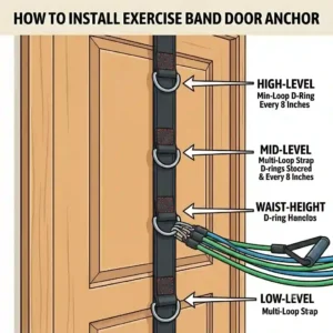 An illustration of a full-length heavy-duty strap door attachment for exercise bands featuring multiple D-ring anchor points.