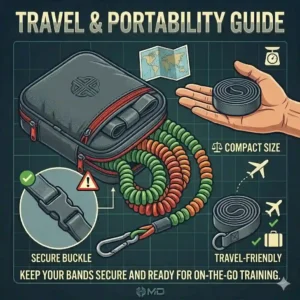 An illustration of a compact travel pouch containing coiled heavy workout bands and accessories for on-the-go fitness.