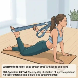 Step-by-step illustration of a prone quad and hip flexor stretch using a multi-loop stretching strap.