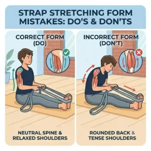 Educational graphic illustrating correct and incorrect body alignment when using a stretching exercise strap.