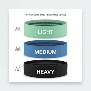 A product display illustration showcasing light, medium, and heavy resistance levels for a customizable hip workout band set.