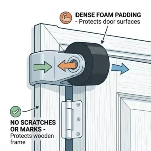 Close-up illustration of the soft foam anchor wheel of the exercise band door anchor preventing scratches and damage to the wooden door frame.