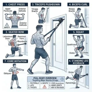 Infographic illustration highlighting various upper and lower body movements using a single exercise band anchor