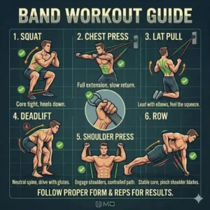 An infographic layout depicting 6 core movements for a full-body circuit utilizing heavy workout bands.