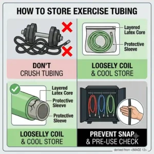 A graphic showing the correct way to loosely coil and store exercise tubing in a cool, dry bag to prevent the latex from snapping.