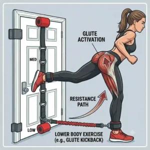 Vector graphic showing a user executing resisted leg extensions and core twists using a secure door attachment for resistance bands.