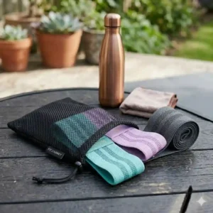 A compact hip resistance band neatly folded next to its mesh travel pouch and a water bottle.