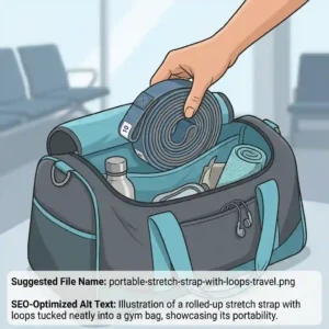 Illustration of a rolled-up stretch strap with loops tucked neatly into a gym bag, showcasing its portability.