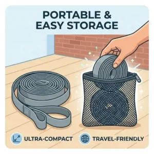A rolled-up stretching exercise strap packed inside a compact travel carrying pouch.