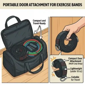 A compact and lightweight door attachment for exercise bands packed neatly inside a travel gym bag next to fitness tubes.