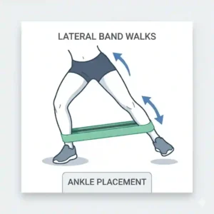A fitness graphic showing proper form and muscle engagement during lateral walks using a hip workout band.