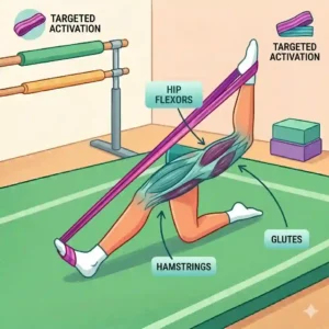 Illustration of a gymnast holding a deep, resisted oversplit using gymnastics stretch bands.