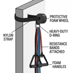 Illustration showing the anatomy of a fitness door anchor, highlighting the heavy-duty nylon strap and the protective foam wheel.
