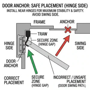 Diagram demonstrating how to position a door anchor on the hinge side of the door for maximum safety and stability.