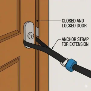 Illustration of a closed and locked door with a fitness door anchor strap extending outward, emphasizing workout safety.