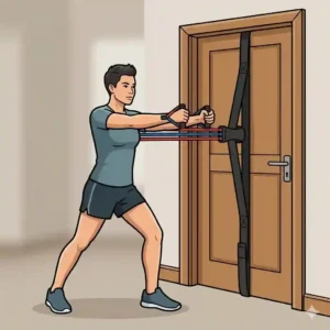 Vector illustration of a fitness enthusiast performing a chest press using a door anchor with resistance bands at mid-door height.