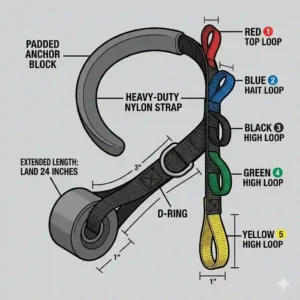 Illustration showing a low door anchor setup for performing resistance band bicep curls and upward rows.