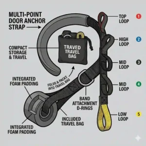 Line drawing of a compact portable door anchor neatly packed into a travel pouch alongside exercise bands.