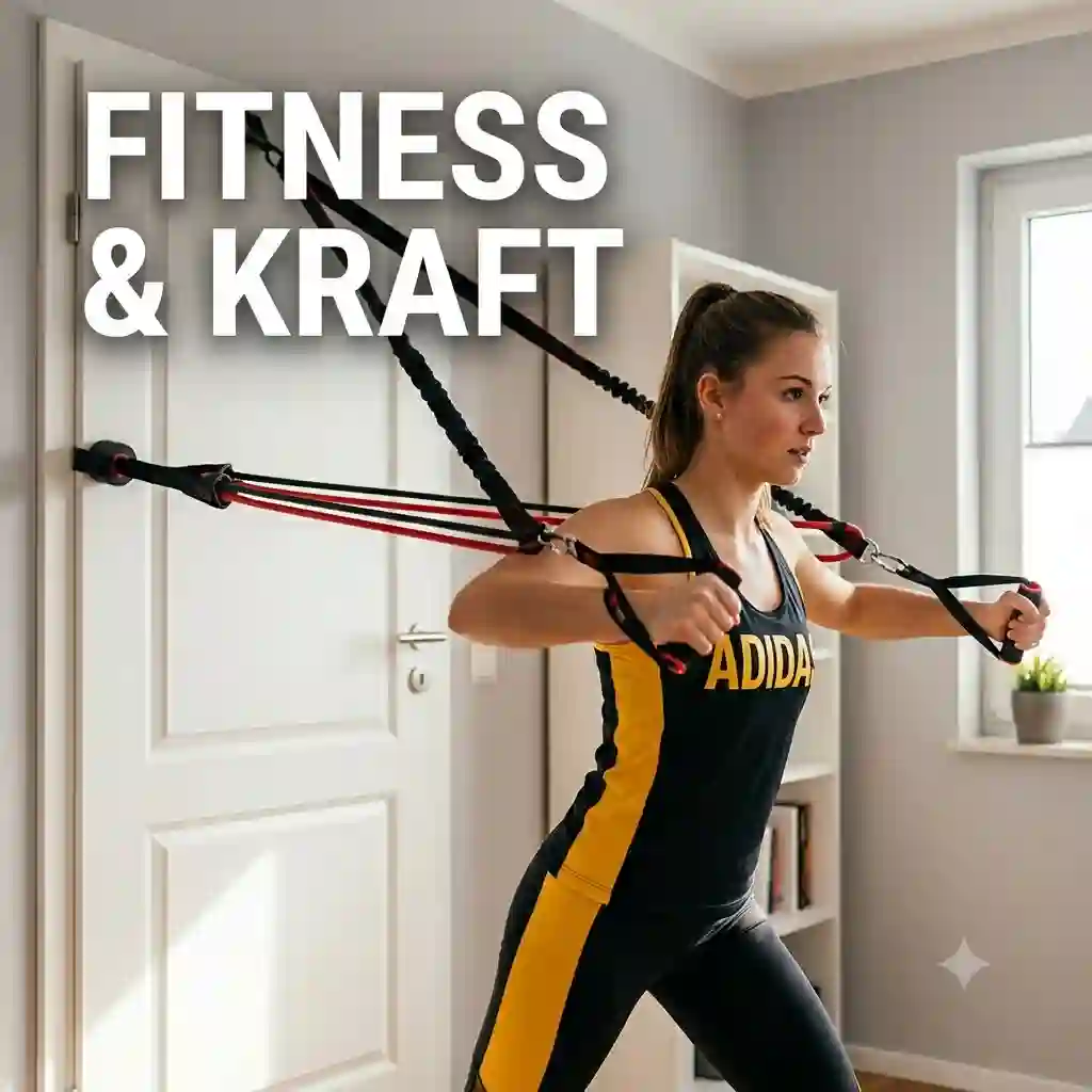 A full-body perspective view of a home gym workout using exercise bands door.