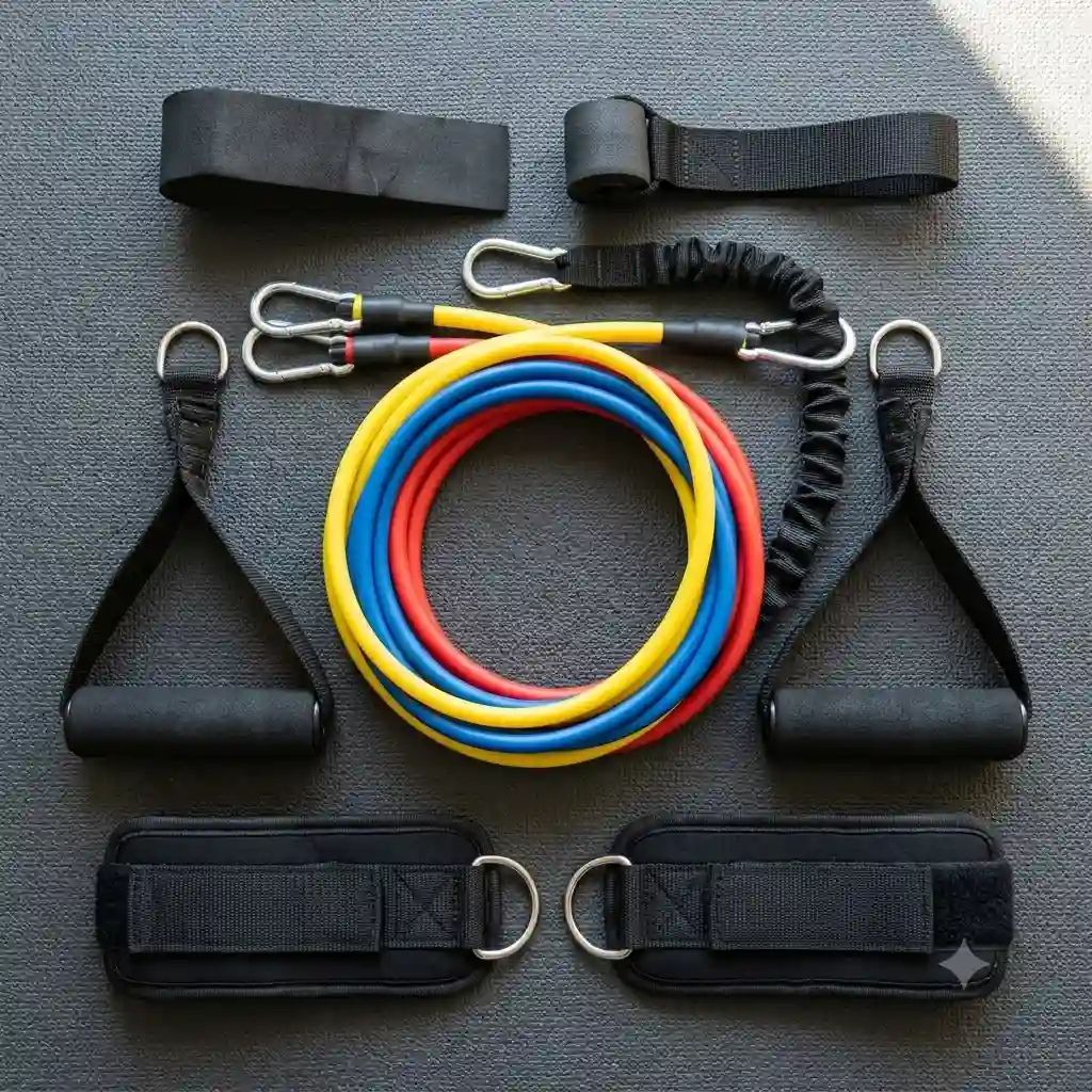 complete resistance tube accessories kit featuring heavy-duty foam handles, padded ankle straps, a door anchor, and protective sleeves laid out on a black fitness mat