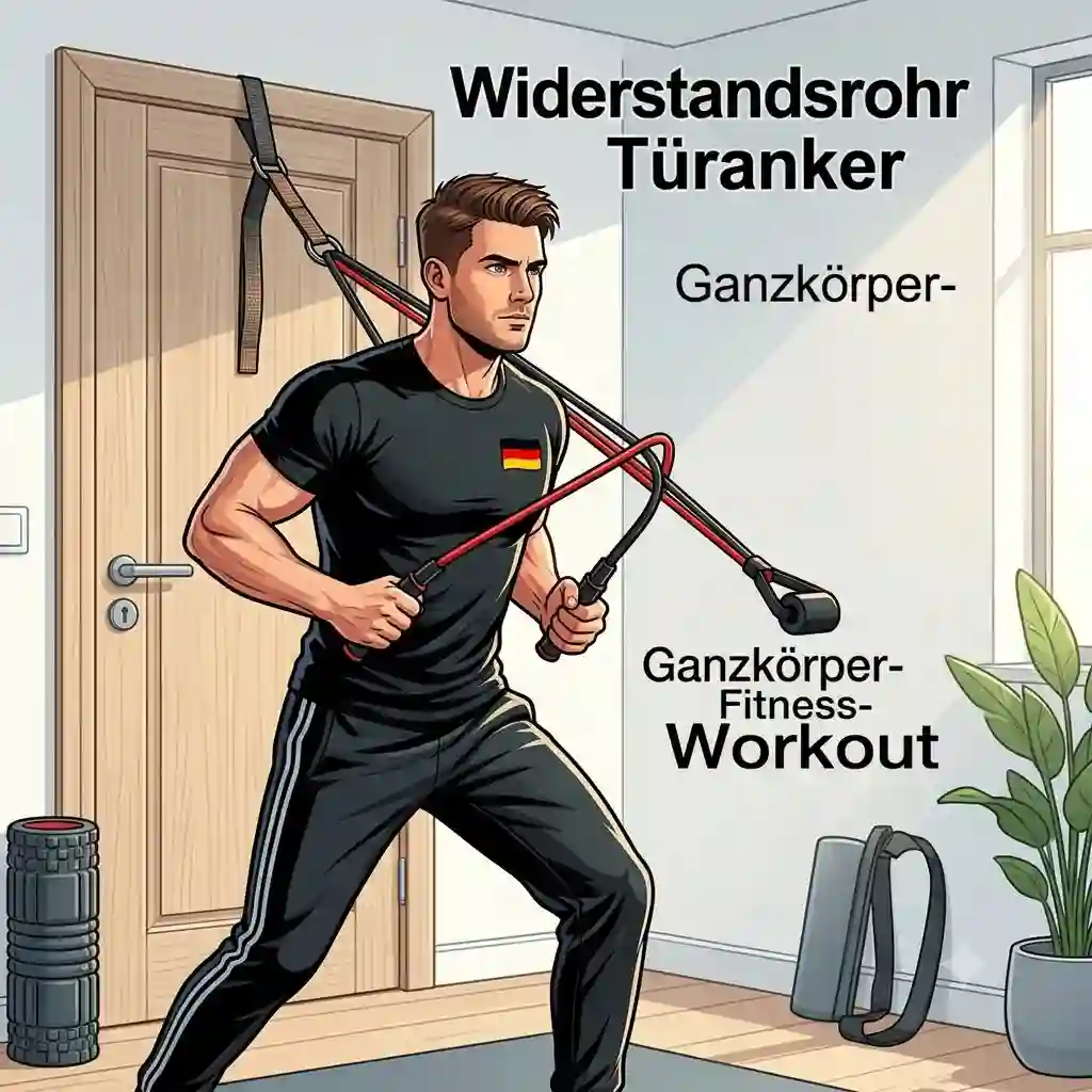 A person using a heavy-duty resistance tube door anchor attached to a home door frame for a full-body fitness workout.