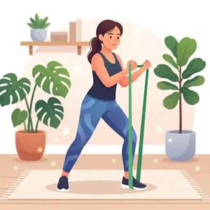 Illustration of a person performing bicep curls using flexible light exercise bands.